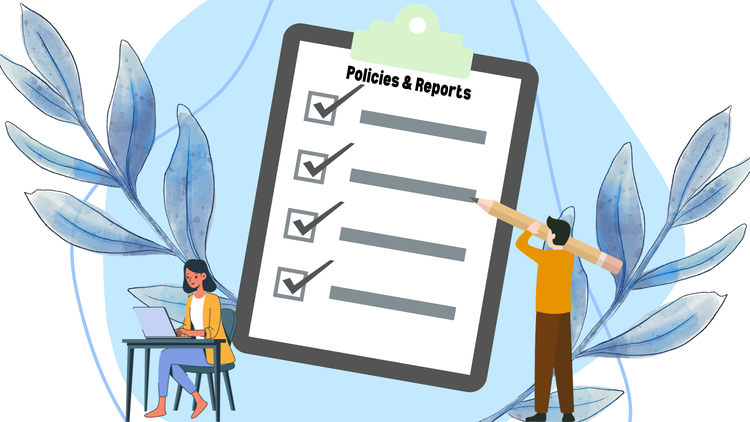 illustration of a clipboard with check boxes and a person writing on it with a pencil. Also displays a person sitting at a desk working on a laptop